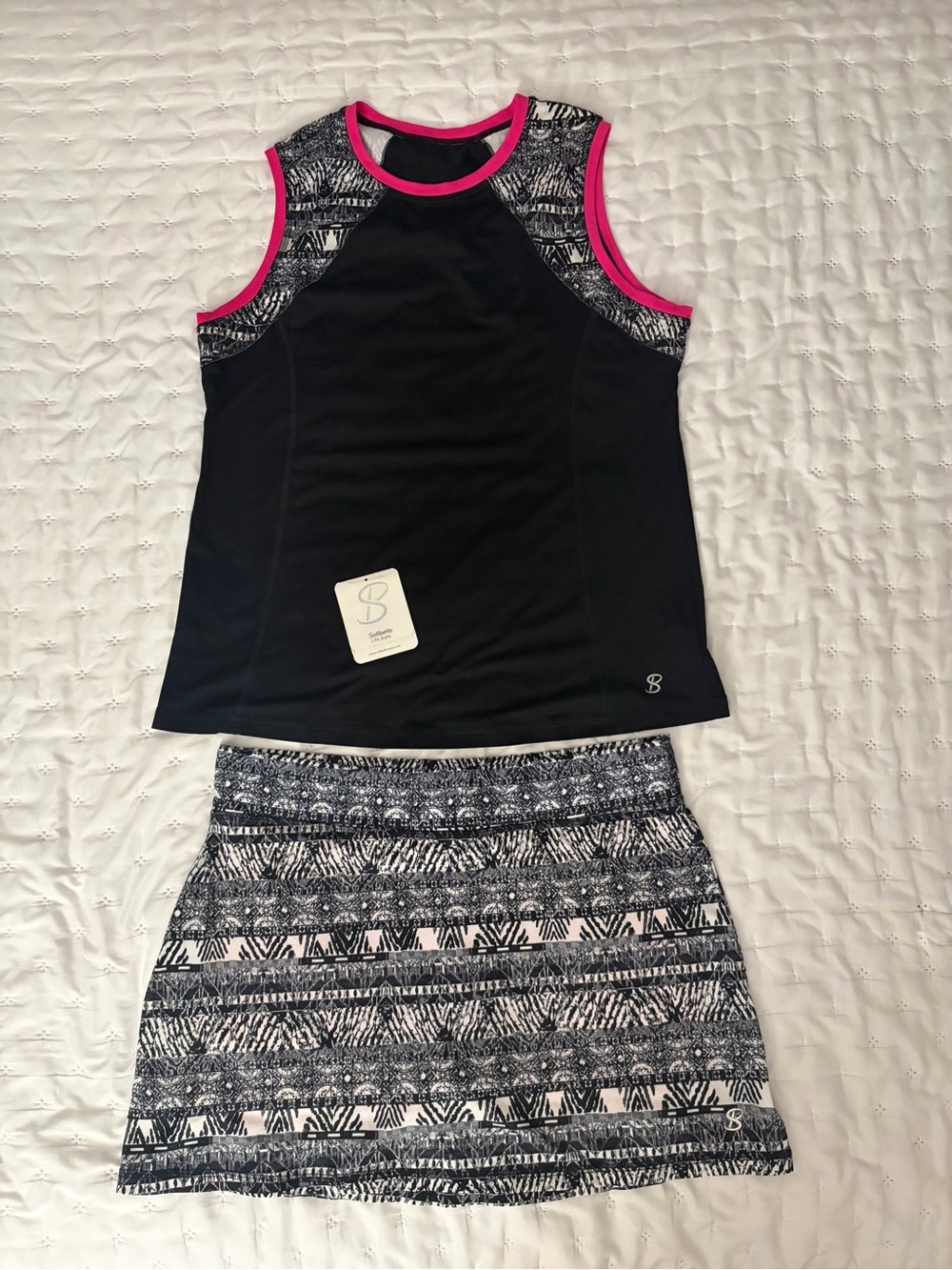 Sofibella Sporty 2PC Black Pink Womens Tennis Pickleball Shirt Top Skort UPF 50